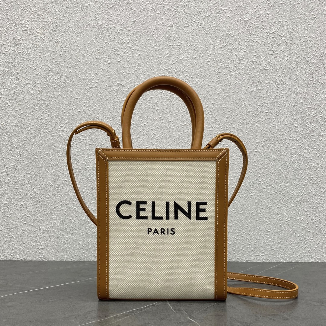 Celine Mini Vertical Cabas In Triomphe Canvas And Calfskin With Celine Print Beige 193302